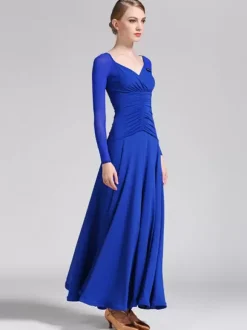 Ballroom Dance Costumes Royal Blue Women's Elegant V-Neck Polyester Dress Pleated Pleated Dance Wear