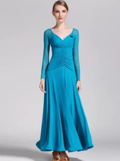 Ballroom Dance Costumes Royal Blue Women's Elegant V-Neck Polyester Dress Pleated Pleated Dance Wear