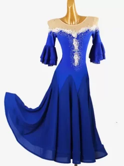 Ballroom Dance Costumes Royal Blue Women's Jewel Neck Lycra Spandex Dress Flowers Dance Dress