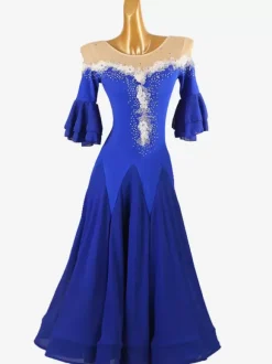 Ballroom Dance Costumes Royal Blue Women's Jewel Neck Lycra Spandex Dress Flowers Dance Dress