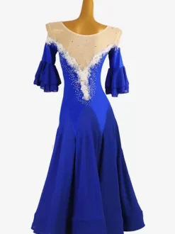 Ballroom Dance Costumes Royal Blue Women's Jewel Neck Lycra Spandex Dress Flowers Dance Dress
