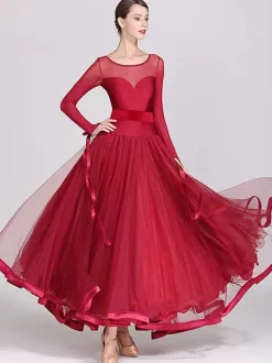 Ballroom Dance Costumes Royal Blue Women's Sexy Polyester Transparente Jewel Neck Layered Ruffles Bows Dress Dance Dress