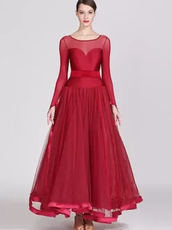 Ballroom Dance Costumes Royal Blue Women's Sexy Polyester Transparente Jewel Neck Layered Ruffles Bows Dress Dance Dress