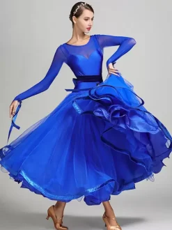 Ballroom Dance Costumes Royal Blue Women's Sexy Polyester Transparente Jewel Neck Layered Ruffles Bows Dress Dance Dress