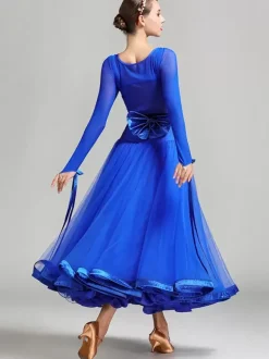 Ballroom Dance Costumes Royal Blue Women's Sexy Polyester Transparente Jewel Neck Layered Ruffles Bows Dress Dance Dress