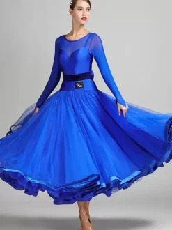 Ballroom Dance Costumes Royal Blue Women's Sexy Polyester Transparente Jewel Neck Layered Ruffles Bows Dress Dance Dress