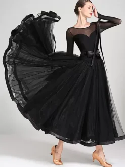 Ballroom Dance Costumes Royal Blue Women's Sexy Polyester Transparente Jewel Neck Layered Ruffles Bows Dress Dance Dress
