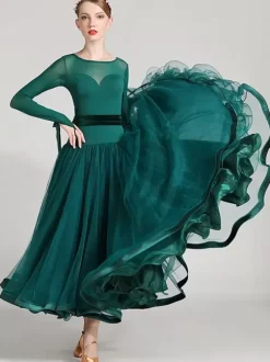 Ballroom Dance Costumes Royal Blue Women's Sexy Polyester Transparente Jewel Neck Layered Ruffles Bows Dress Dance Dress