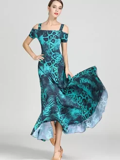 Ballroom Dance Costumes Teal Women's Sexy Polyester Floral Print Straps Neck Dress Dance Dress