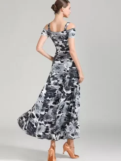 Ballroom Dance Costumes Teal Women's Sexy Polyester Floral Print Straps Neck Dress Dance Dress