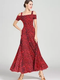Ballroom Dance Costumes Teal Women's Sexy Polyester Floral Print Straps Neck Dress Dance Dress
