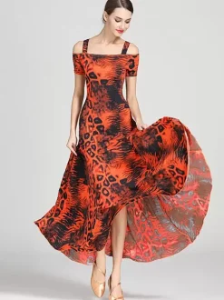 Ballroom Dance Costumes Teal Women's Sexy Polyester Floral Print Straps Neck Dress Dance Dress