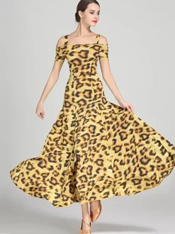 Ballroom Dance Costumes Teal Women's Sexy Polyester Floral Print Straps Neck Dress Dance Dress