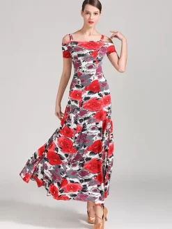Ballroom Dance Costumes Teal Women's Sexy Polyester Floral Print Straps Neck Dress Dance Dress