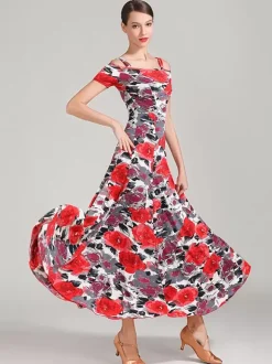 Ballroom Dance Costumes Teal Women's Sexy Polyester Floral Print Straps Neck Dress Dance Dress