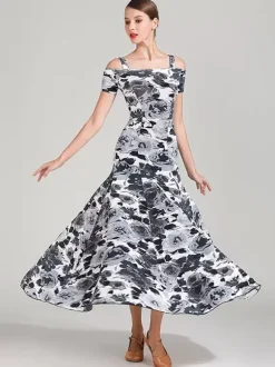 Ballroom Dance Costumes Teal Women's Sexy Polyester Floral Print Straps Neck Dress Dance Dress