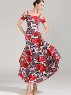 Ballroom Dance Costumes Teal Women's Sexy Polyester Floral Print Straps Neck Dress Dance Dress