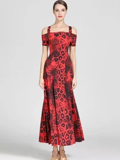 Ballroom Dance Costumes Teal Women's Sexy Polyester Floral Print Straps Neck Dress Dance Dress