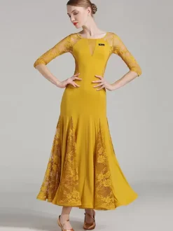 Ballroom Dance Costumes Yellow Women Elegant Transparente Dance Dress