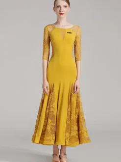 Ballroom Dance Costumes Yellow Women Elegant Transparente Dance Dress
