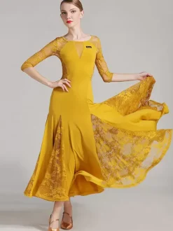 Ballroom Dance Costumes Yellow Women Elegant Transparente Dance Dress