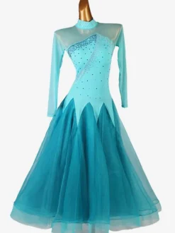 Ballroom Dance Dress Costumes Cyan Blue Women's Lycra Spandex Set Dress Dancing Wear