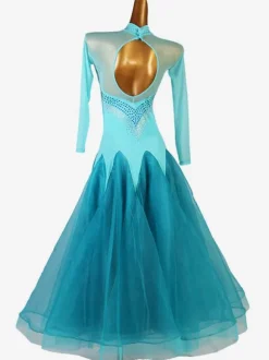 Ballroom Dance Dress Costumes Cyan Blue Women's Lycra Spandex Set Dress Dancing Wear