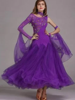 Ballroom Dance Dress Light Sky Blue Tulle One Sleeve Ballroom Dancing Costume