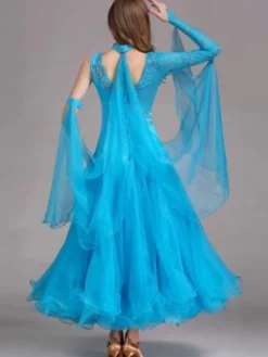 Ballroom Dance Dress Light Sky Blue Tulle One Sleeve Ballroom Dancing Costume