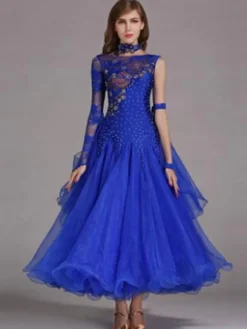 Ballroom Dance Dress Light Sky Blue Tulle One Sleeve Ballroom Dancing Costume