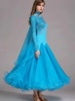 Ballroom Dance Dress Light Sky Blue Tulle One Sleeve Ballroom Dancing Costume