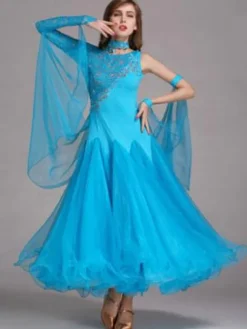 Ballroom Dance Dress Light Sky Blue Tulle One Sleeve Ballroom Dancing Costume