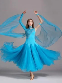 Ballroom Dance Dress Light Sky Blue Tulle One Sleeve Ballroom Dancing Costume