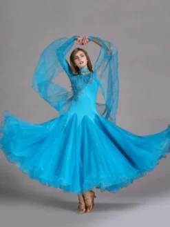 Ballroom Dance Dress Light Sky Blue Tulle One Sleeve Ballroom Dancing Costume