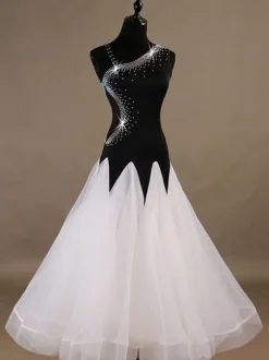 Ballroom Dance Costume Dresses Black Women Sleeveless Beaded Organza Training Dancing Wear