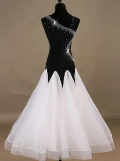 Ballroom Dance Costume Dresses Black Women Sleeveless Beaded Organza Training Dancing Wear