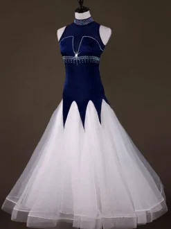 Ballroom Dance Costume Dresses Women Long Sleeve Organza Deep Blue Practice Dancing Costume