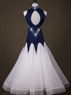 Ballroom Dance Costume Dresses Women Long Sleeve Organza Deep Blue Practice Dancing Costume