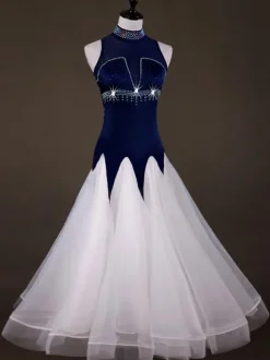 Ballroom Dance Costume Dresses Women Long Sleeve Organza Deep Blue Practice Dancing Costume