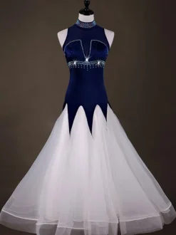 Ballroom Dance Costume Dresses Women Long Sleeve Organza Deep Blue Practice Dancing Costume