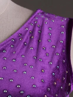 Ballroom Dance Costume Dresses Purple Women Long Sleeve Organza Beaded Practice Dancing Costume