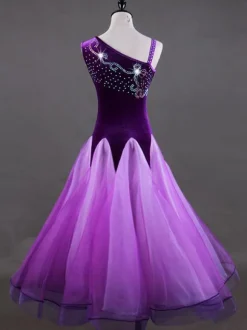 Ballroom Dance Costume Dresses Purple Women Long Sleeve Organza Beaded Practice Dancing Costume