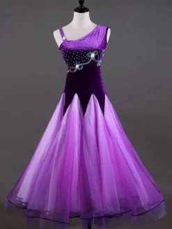 Ballroom Dance Costume Dresses Purple Women Long Sleeve Organza Beaded Practice Dancing Costume