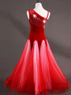 Ballroom Dance Costume Dresses Purple Women Long Sleeve Organza Beaded Practice Dancing Costume
