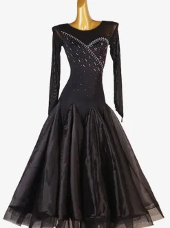 Ballroom Dance Costumes Black Women's Elegant Lycra Spandex Rhinestones Dress Dance Wear