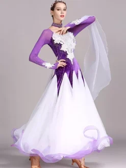 Ballroom Dance Costumes Black Women's Elegant Jewel Neck Polyester Dress Rhinestones Lace Layered Dance Dress