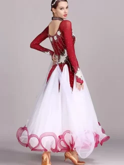 Ballroom Dance Costumes Black Women's Elegant Jewel Neck Polyester Dress Rhinestones Lace Layered Dance Dress