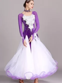 Ballroom Dance Costumes Black Women's Elegant Jewel Neck Polyester Dress Rhinestones Lace Layered Dance Dress