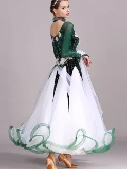 Ballroom Dance Costumes Black Women's Elegant Jewel Neck Polyester Dress Rhinestones Lace Layered Dance Dress