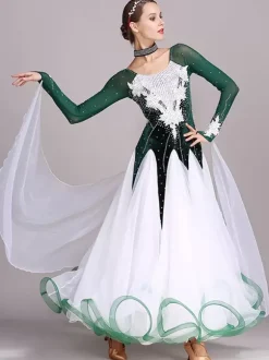Ballroom Dance Costumes Black Women's Elegant Jewel Neck Polyester Dress Rhinestones Lace Layered Dance Dress